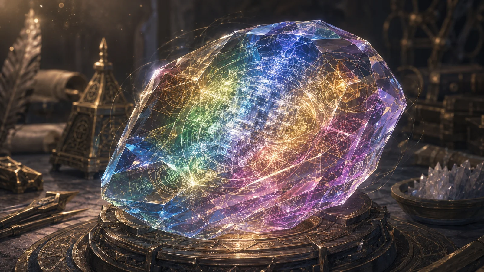 The Chi Resonator appears as a multicolored semi-transparent crystal core filled with layered alchemy circles.