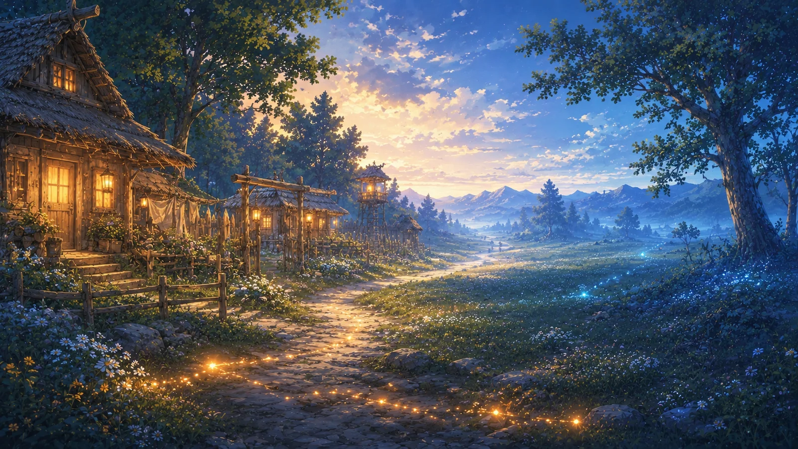A warm village path opens beneath the night sky, inviting the reader to begin where Kairos’ search begins.