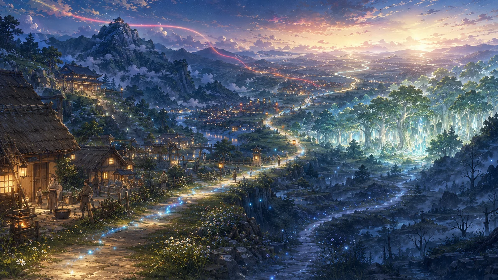 A luminous path links village, mountains, forest, and distant lives, suggesting Kairos’ journey across one hundred lives.