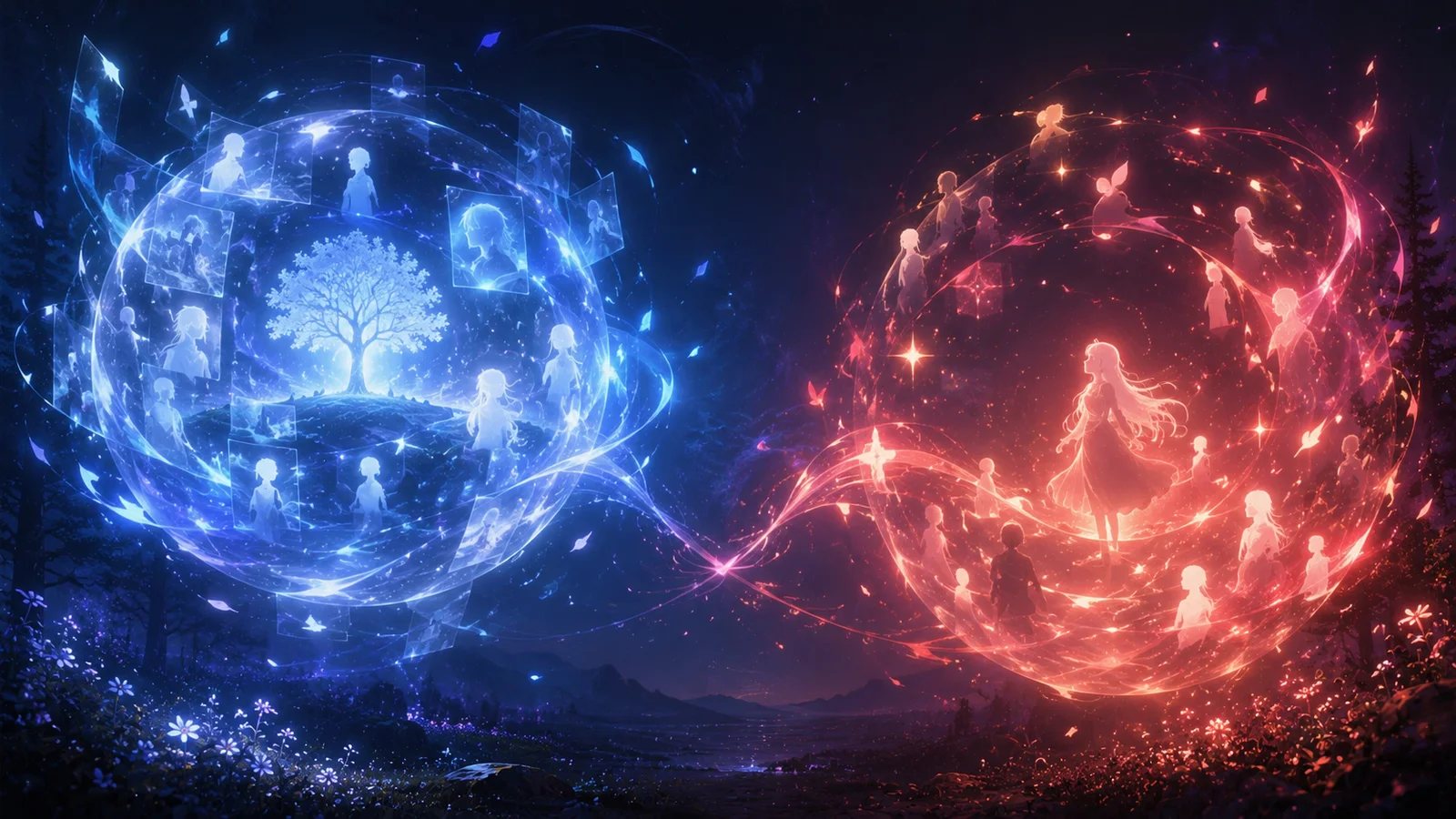 Blue and red resonance spheres symbolize memory continuity and the search for Lenka’s soul.